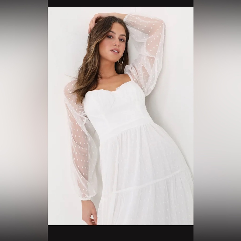 Lulu's Affectionate Aura White Swiss Dot Tiered Bustier Midi Dress